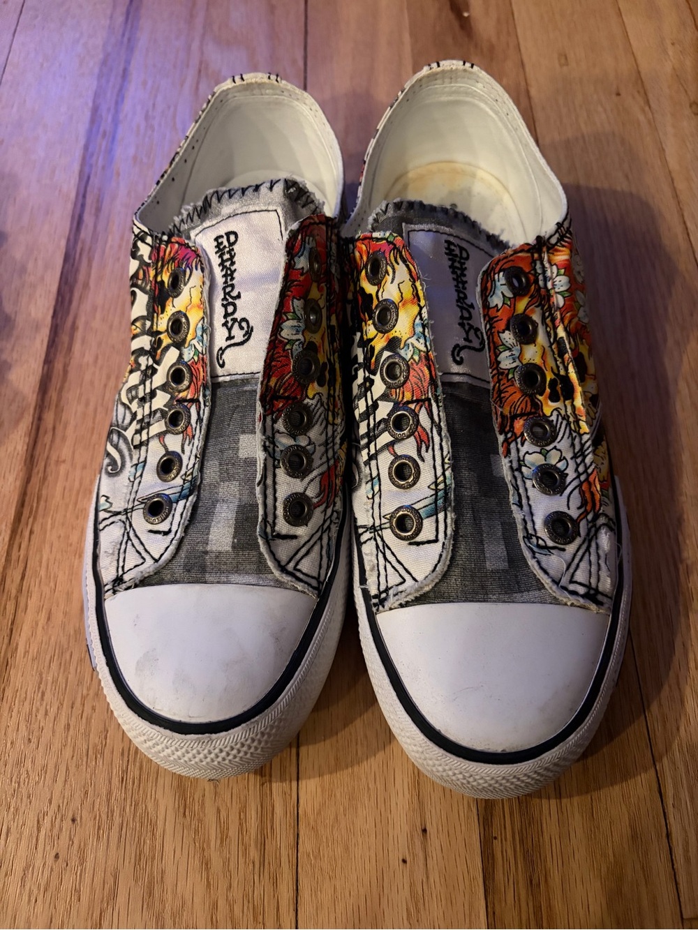 Slip-On Ed Hardy Canvas Sneakers with Floral Detail - White/Multicolor
